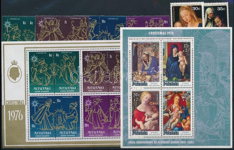 Aitutaki, Penrhyn 1976-1978 Madonna 10 stamps + 2 blocks, Aitutaki, Penrhyn 1976-1978 Madonna motívum 10 klf bélyeg, közte sor, fordított párok + 2 klf blokk