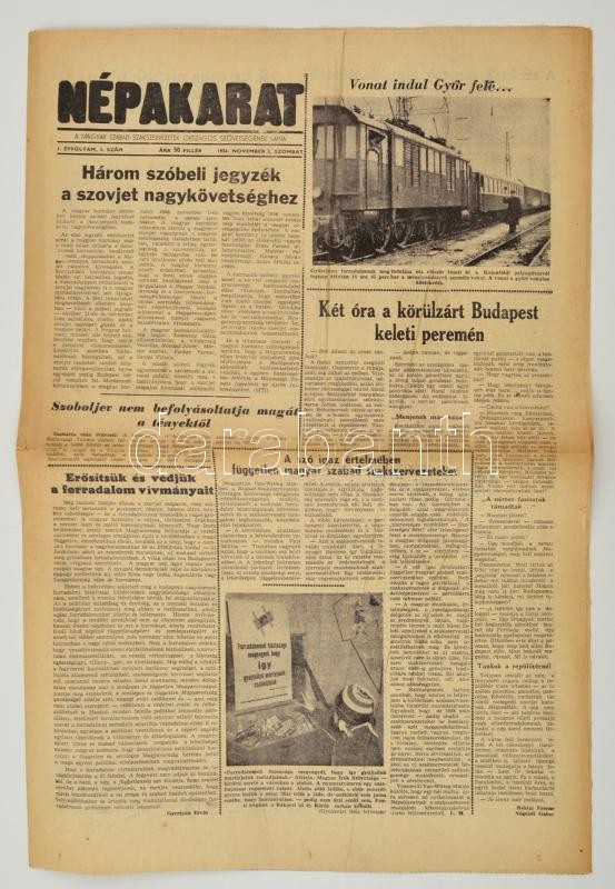 1956 A Népakarat, a Magyar Szabad Szakszervezetek Országos Szövetségének Lapja november 3-diki száma, a forradalom híreivel