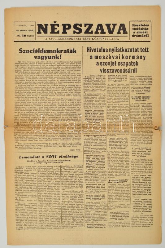 1956 A Népszava, a Magyar Szociáldemokrata Párt központi lapja november elsejei száma, benne a forradalom híreivel
