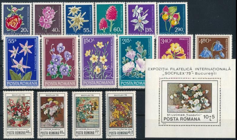 1968-1979 Flowers 3 sets + 1 block, 1968-1979 Virág motívum 3 klf sor + 1 blokk 2 stecklapon