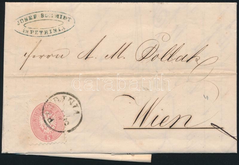 1866 5kr on cover ,,PETRINIA", 1866 5kr levélen ,,PETRINIA"