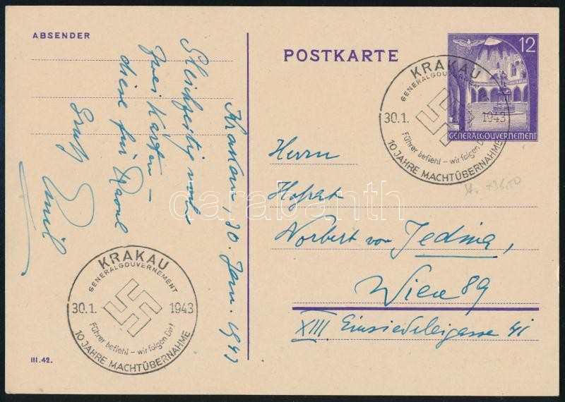 Generalgouvernement 1943 Díjjegyes levelezőlap Bécsbe, Generalgouvernement PS-Card to Vienna