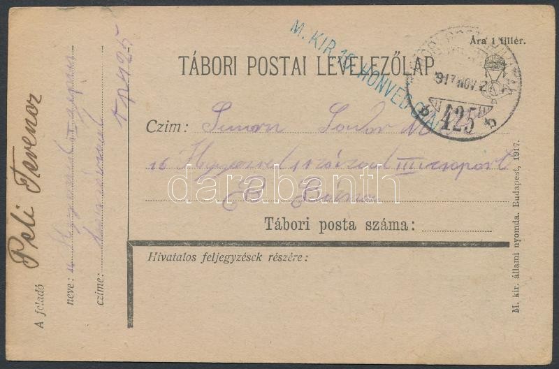 Austria-Hungary Field Postcard &quot;M.KIR. 16. HONVÉD GYALOGEZRED&quot; + &quot;TP 425 b&quot;, Tábori posta levelezőlap &quot;M.KIR. 16. HONVÉD GYALOGEZRED&quot; + &quot;TP 425 b&quot;