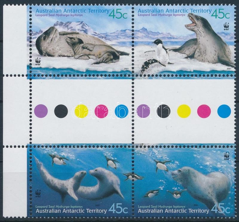 WWF; Leopárdfóka sor ívközéprészes ívszéli négyestömbben, WWF Leopard Seal set gutter margin block of 4