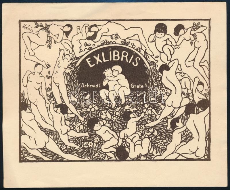 Kotász Károly (1872-1941): Erotikus ex libris, Schmidl Grete. Klisé, papír, jelzett a klisén, 8,5×12 cm