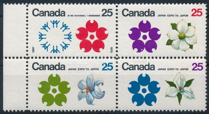 Stamp Exhibition; flower block of 4 (gum disturbance), Bélyegkiállítás; virág négyestömb (betapadásnyom)