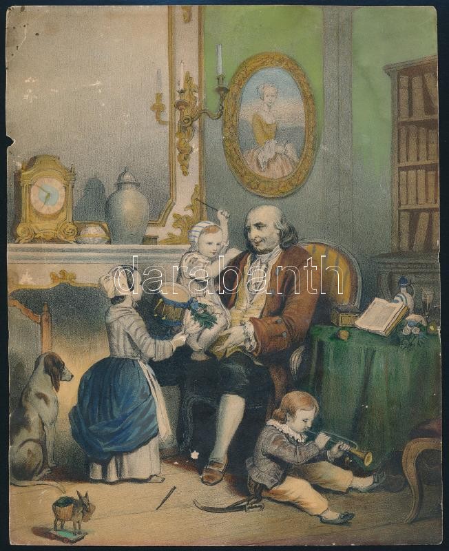 cca 1800-1900 Nagypapa születésnapja, színes litho, 22×18 cm ...