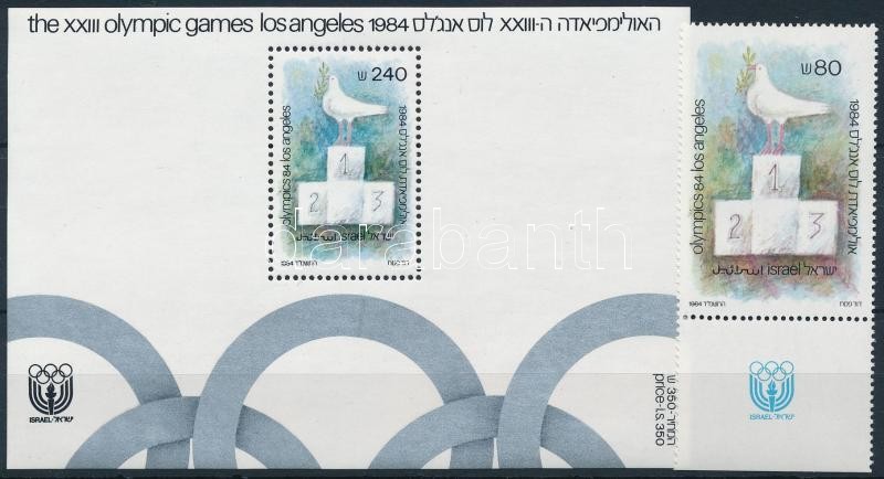 Summer Olympics, Los Angeles stamp with tab + block, Nyári olimpia, Los Angeles tabos bélyeg + blokk