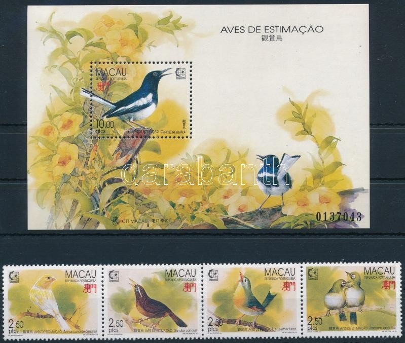 SINGAPORE nemzetközi bélyegkiállítás: énekesmadarak négyescsík + blokk, SINGAPORE International Stamp Exhibition: Singing Birds stripe of 4 + block