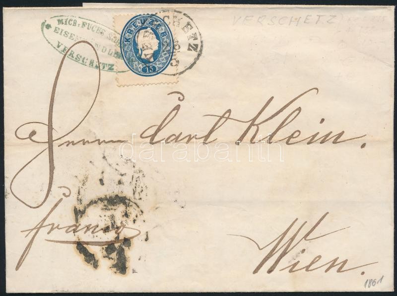 15kr dark blue stamp with shifted perforation on cover "VERSCHETZ" - "WIEN", 15kr sötétkék elfogazott bélyeg zöld cégbélyegzővel előérvénytelenítve "VERSCHETZ" - "WIEN"