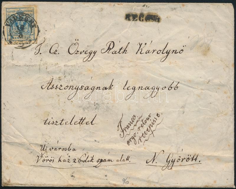 ~1853 Tértivevényes ajánlott levél 9kr + 2 x 3kr bérmentesítéssel + a tértivevénnyel letépett 6kr maradvánnyal 
