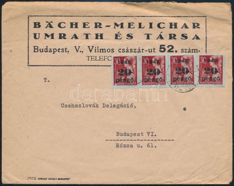 1945 (5. díjszabás) Helyi céges levél Kisegítő 4 x 20P/30f bérmentesítéssel, Inflation cover