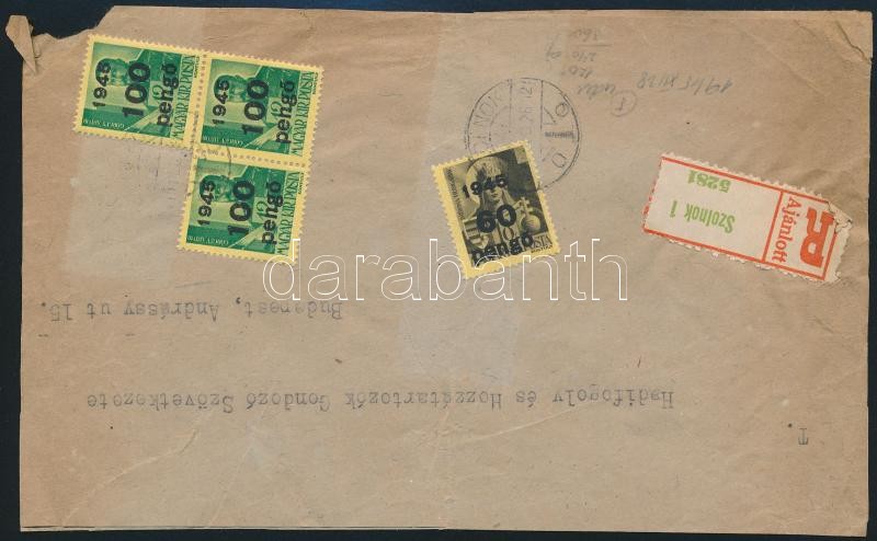 Inflation cover, Registered  local cover, 1945 (5. díjszabás) Ajánlott távolsági levél előlap Kisegítő 60P/18f + 3 x 100P/12f bérmentesítéssel