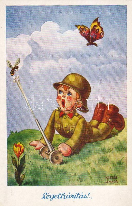 Humorous military card, child s: Kaszás-Jámbor, Légelhárítás, Humoros katonai lap, gyerek s: Kaszás-Jámbor