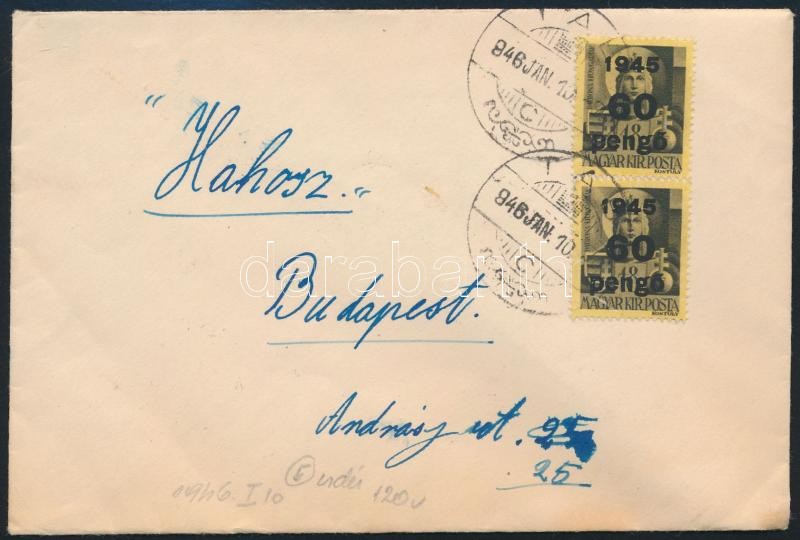 1946 (5. díjszabás) Távolsági levél Kisegítő 2 x 60P/18f bérmentesítéssel, Inflation cover