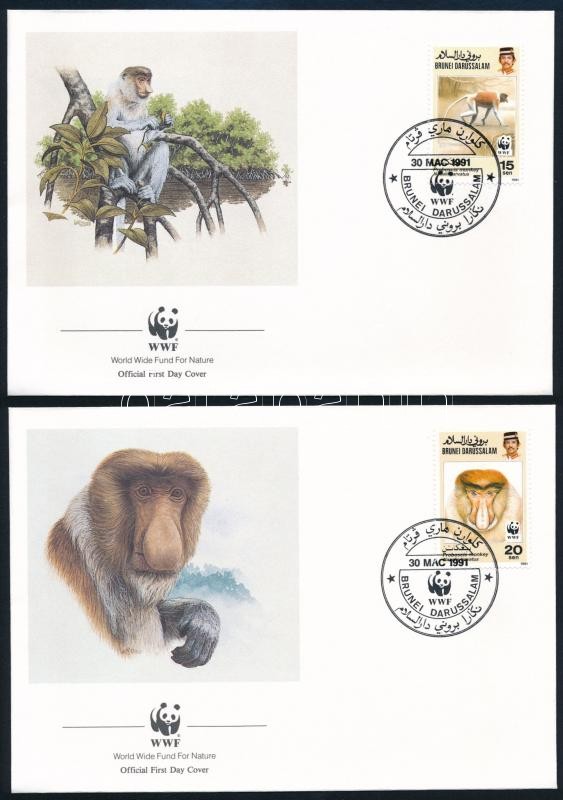 WWF Proboscis monkey set on 4 FDC, WWF Borneói nagyorrúmajom 4 FDC-n