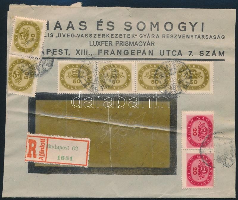 1946 (17. díjszabás) Ajánlott helyi céges levél Milliós 2 x 20mP + 6 x 50mP bérmentesítéssel 28mP-vel túl bérmentesítve, Inflation cover