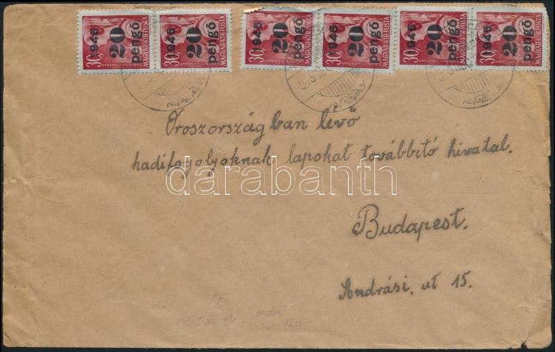 1945 (5. díjszabás) Távolsági levél Kisegítő 6 x 20P/30f bérmentesítéssel, Inflation cover, Domestic cover