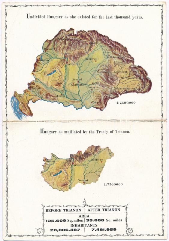 Map, irredenta, folding card (bent til broken), Az ezeréves egységes Magyarország és a trianoni béke szörnyszülöttje; kiadja az Urmánczy Akció, kihajtható képeslap (hajtásnál szakadt)