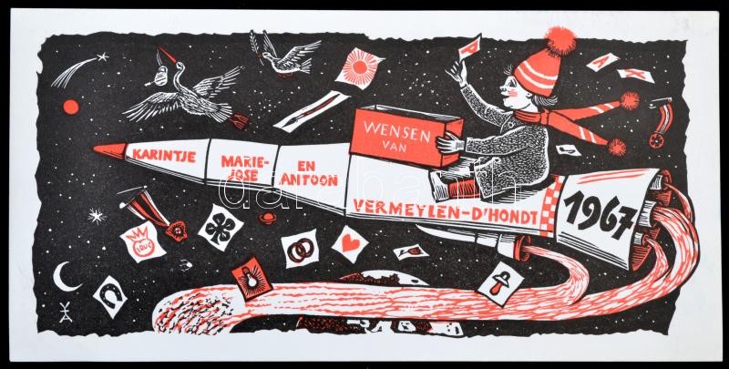 Antoon Vermeylen: Újévi, űrhajós lino ex libris, / New Year Lino spaceship ex libris, bookplate. X3. 21x11 cm