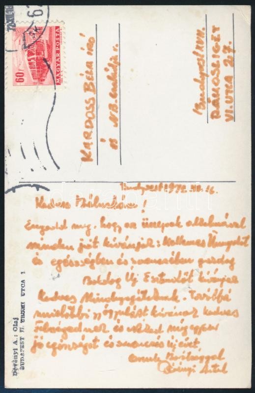 Dévényi Antal festőművész saját kézzel írt képeslapja Kardoss Béla írónak. Saját képét ábrázoló képeslapon.