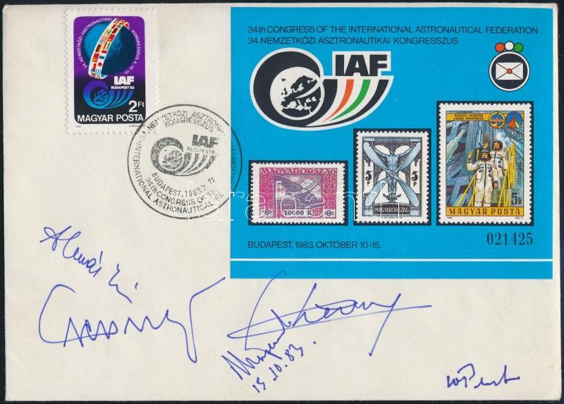 193 IAF FDC  rajta Dr. Almár Iván, George Pisarenkó, Vlagyimir Alexandrovics Kosztelnyikov, Roger Chevalier, Jurij Rjazancev űrhajózási szakemberek  aláírásával / Astronautic scientists and officials autograph signed FDC