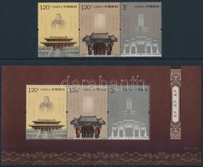 Konfucius temploma és síremléke hármascsík + blokk, Confucius Temple and Tombstone stripe of 3 + block
