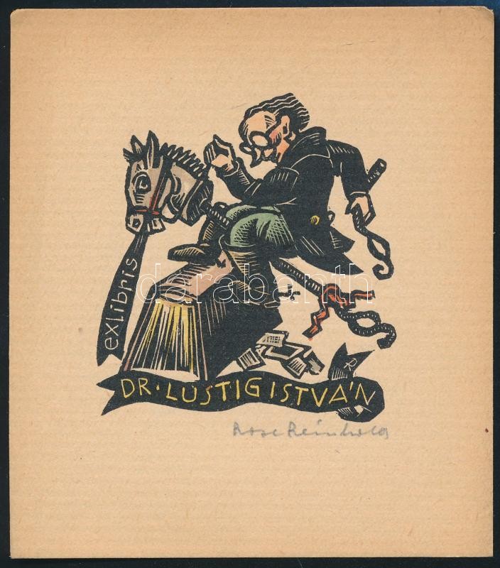 Reinhold, Rose (?-?): Ex libris Dr. Lustig István. Színezett fametszet, papír, jelzett, 8,5×7,5 cm