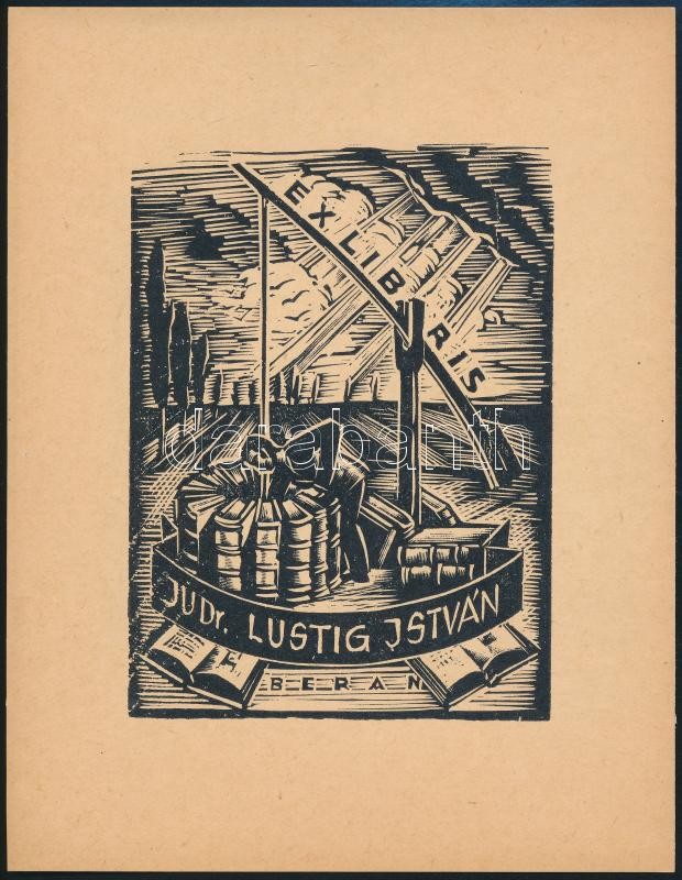 Jaro Beran (1892-1962): Ex Libris, Dr. Lustig István. Fametszet, papír, jelzett a dúcon, 10×7 cm