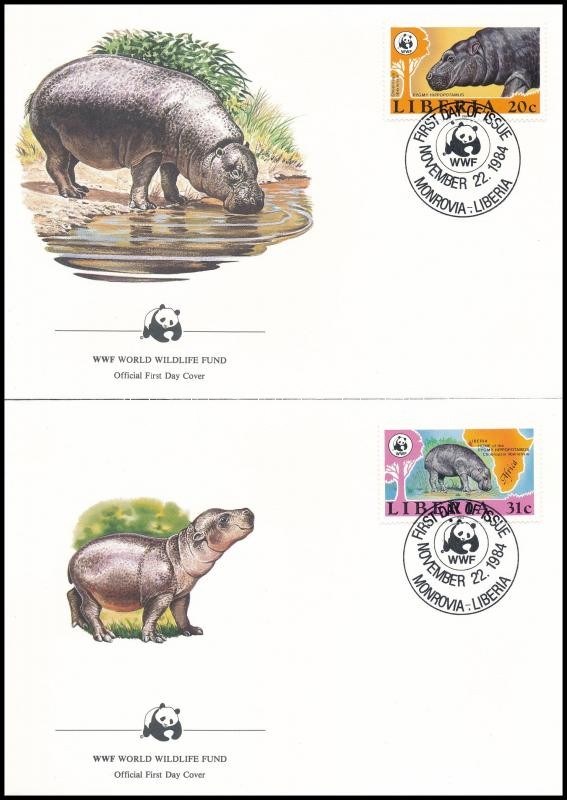 WWF: Törpe víziló sor 4 db FDC-n, WWF: Pygmy hippopotamus set on 4 FDC
