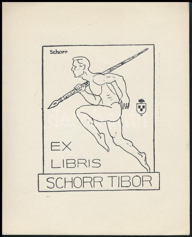 Schorr Tibor (?-?): Atléta ex libris. Klisé, papír, jelzett a klisén, 9×8 cm