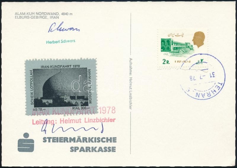 Postcard of the Elburz Expedition with a donation stamp and signature of the tour leader, Elburz-expedíció képeslapja adománybélyeggel és a túravezető aláírásával