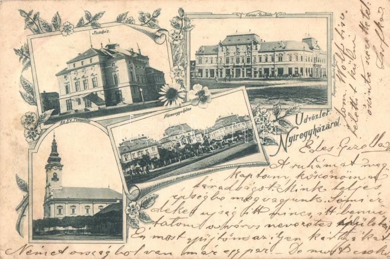1898 Nyíregyháza, színház, Korona szálloda, vármegyeháza, Ágostoni ev. templom. Floral, Art Nouveau