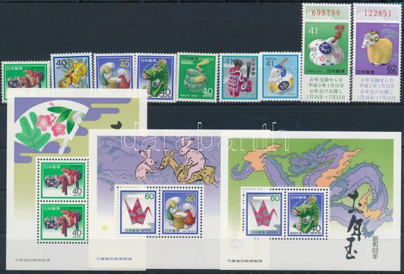 1984-1990 New Year 9 stamps + 6 blocks, 1984-1990 Újév 9 klf  bélyeg + 6 klf blokk 2 db stecklapon