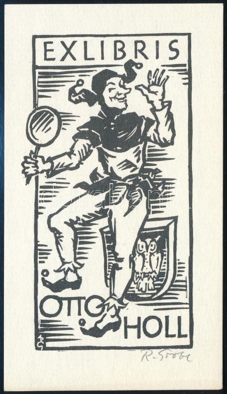 Rudolf Grebe (1903-2002): Ex libris Otto Holl,cirkus, udvari bolond. fametszet, jelzett 85x50 mm / Circus, wood engraving