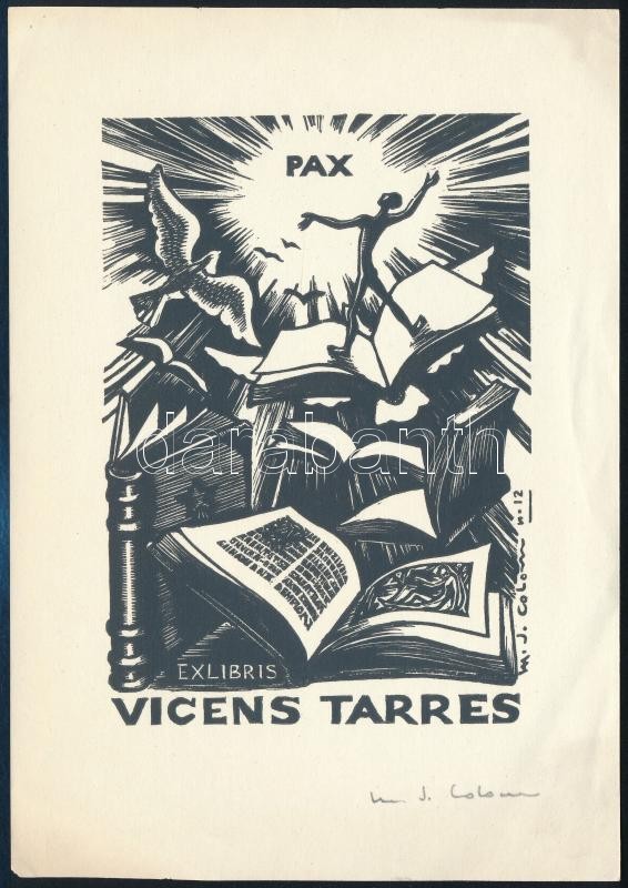 Maria Josefa Colom (1927-): Ex libris Vincens Tarres. Béke fametszet, jelzett 120x84 mm /  Peace wood engraving