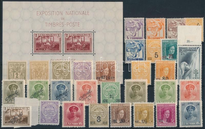Luxemburg 1915-1940 31 stamps + block with minor faults, Luxemburg 1915-1940 31 db bélyeg és egy kicsit hibás blokk stecklapon