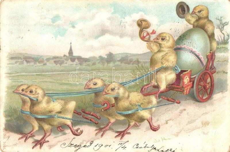 Chicken cart transporting an egg. Easter art greeting card. litho, Tojást szállító csibék. Húsvéti üdvözlőlap, litho