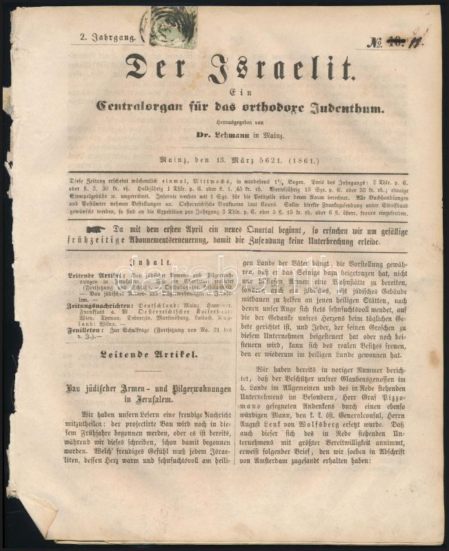 Jewish newspaper from Mainz franked with 1Kr stamp, Der Israelit mainzi zsidó újság 1Kr bérmentesítéssel