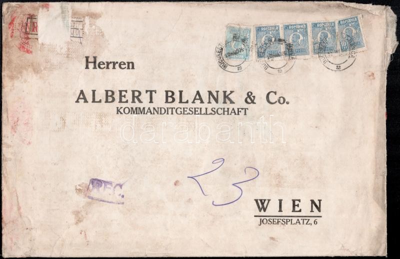 Ajánlott banklevél Bécsbe 47.50 Lei bérmentesítéssel, &quot;M B &amp; Co&quot; céglyukasztásos bélyegekkel, Perfin stamps on registered bank cover to Vienna