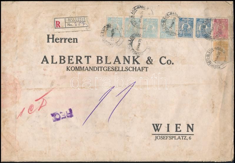 Ajánlott banklevél Bécsbe 53.50 Lei bérmentesítéssel, &quot;M B &amp; Co&quot; céglyukasztásos bélyegekkel, Perfin stamps on registered bank cover to Vienna