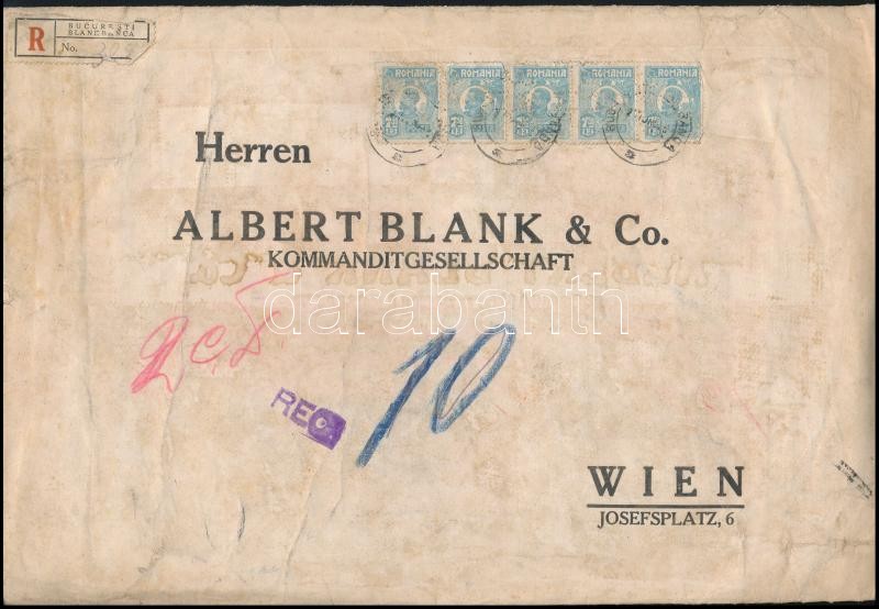 Ajánlott banklevél Bécsbe 37.50 Lei bérmentesítéssel, &quot;M B &amp; Co&quot; céglyukasztásos bélyegekkel, Perfin stamps on registered bank cover to Vienna