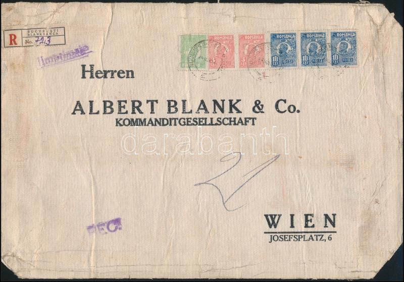 Ajánlott banklevél Bécsbe 38 Lei bérmentesítéssel, &quot;M B &amp; Co&quot; céglyukasztásos bélyegekkel, Perfin stamps on registered bank cover to Vienna