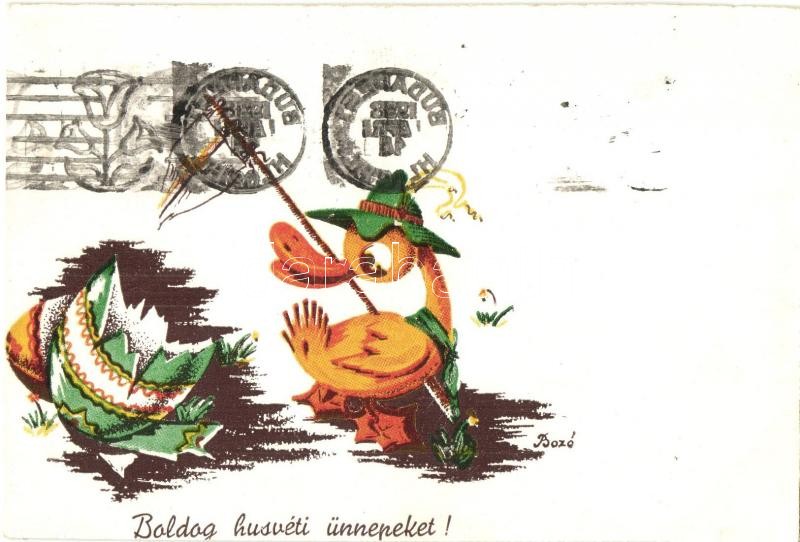 Scout duckling Easter greeting card, s: Bozó (cut), Boldog húsvéti ünnepeket! Cserkész kacsa, s: Bozó (vágott)