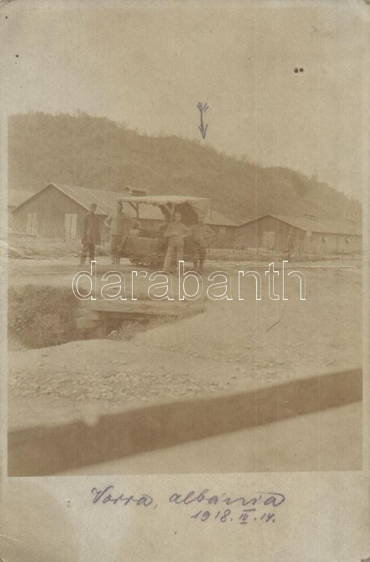 1918 Vore, Vorra; osztrák magyar katonai tábor Albániában, autóállomás, 1918 WWI K.u.K. military camp in Albania, auto station, photo