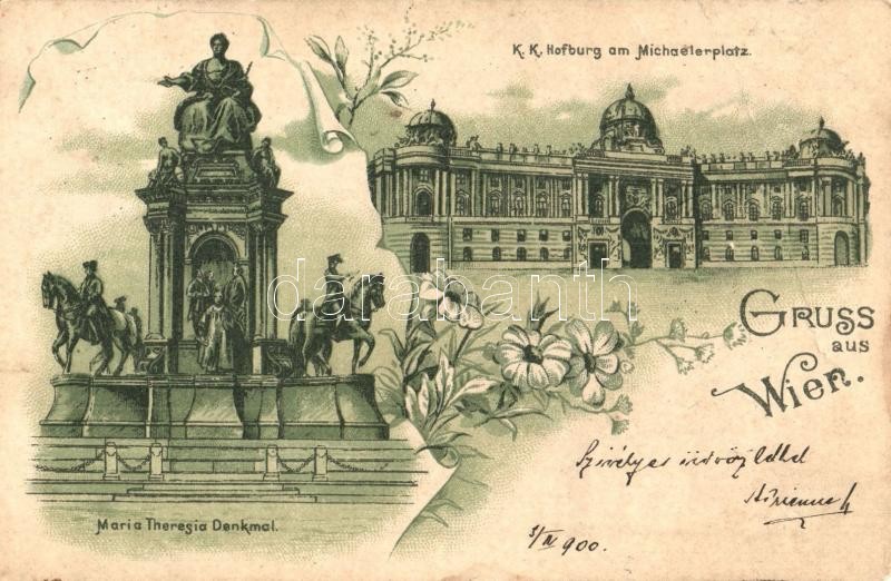 Vienna, Wien; K.k. Hofburg am Michaelerplatz, Maria Theresia Denkmal / castle, statue. floral, litho