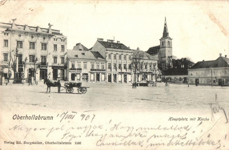 Oberhollabrunn, Hauptplatz mit Kirche / main square, church, shop of Josef Wenzl