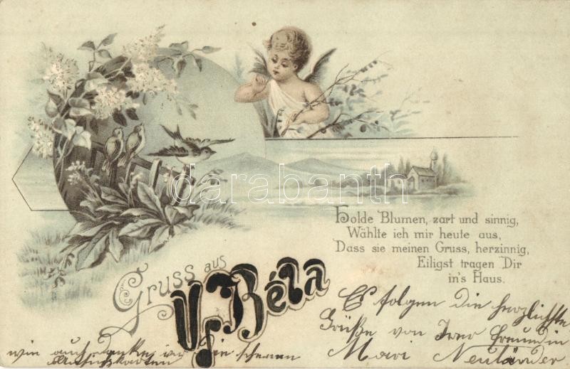 Német nyelvű üdvözlőlap, litho, Gruss aus. angel with flowers, birds. Greeting art postcard, litho