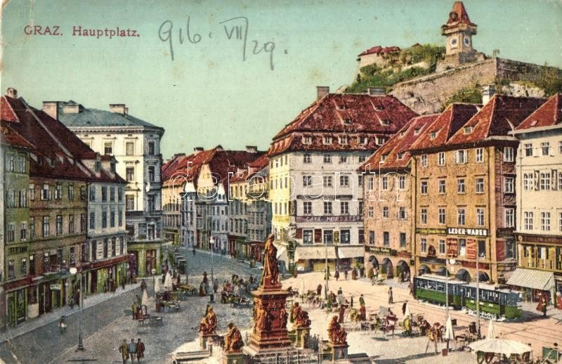 Graz, Hauptplatz / main square, trams, shops