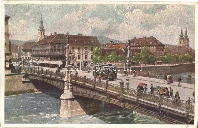 Graz, Brücke / bridge with tram. Hans Hausner Künstlerkarte Nr. 7012/20.